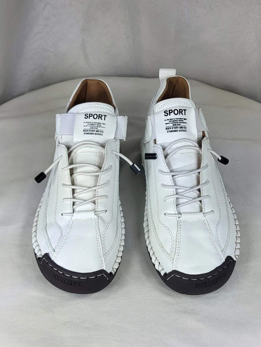 White Women’s Leather Slip On Sport Sneakers Black Sole Sz 8